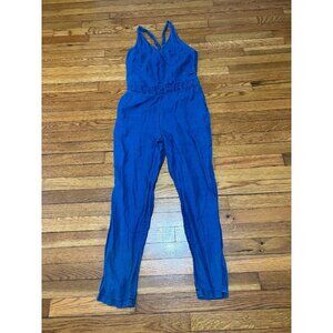Madewell Womens 100% Linen Jumpsuit Size 6 Blue Tapered Leg Cross Open Back
